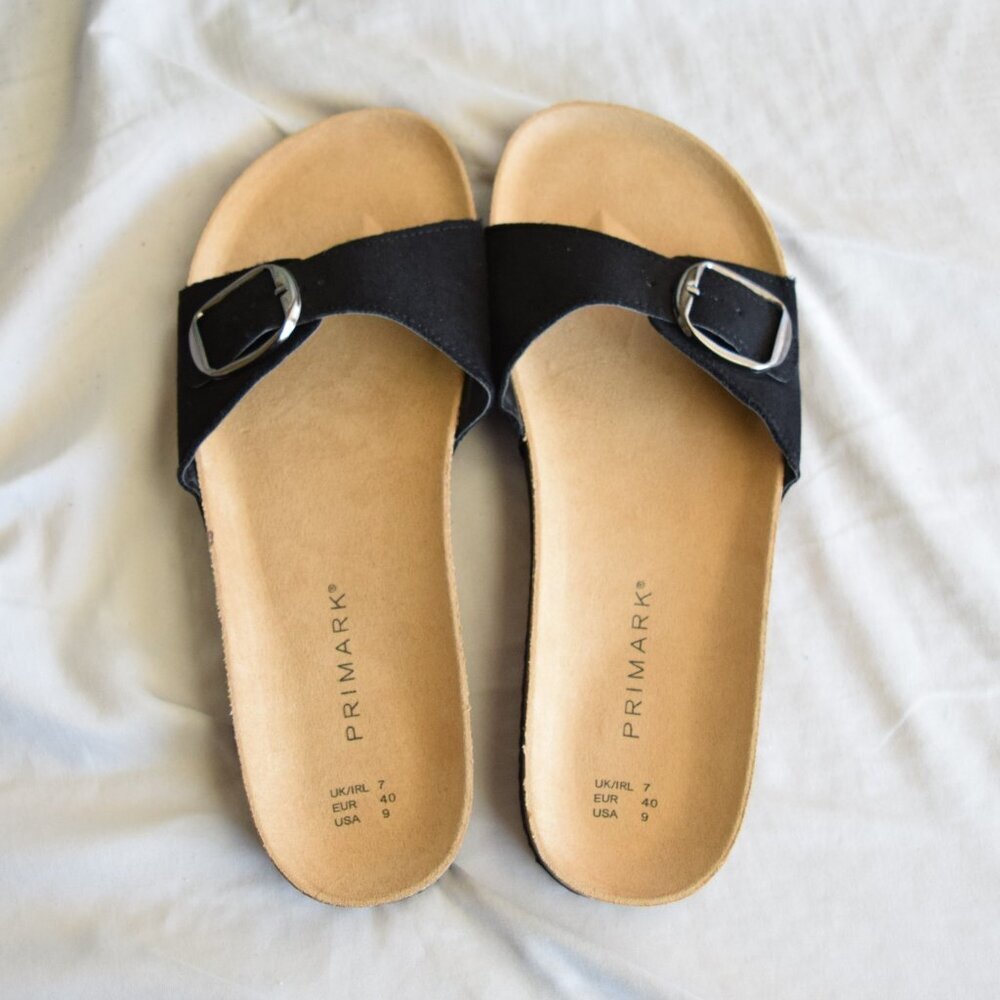 NWOT PRIMARK Slip-on Sandals Slippers with Buckle Tan Black Size 9